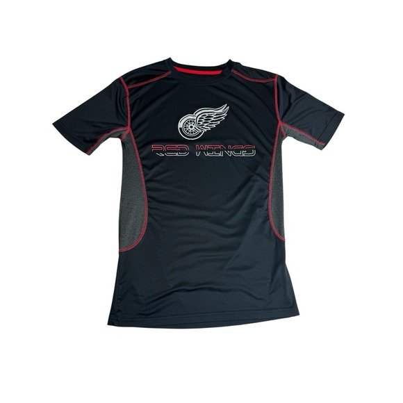 Detroit NHL Red Wings Logo Black Red Short Sleeve Men's Polyester Shirt Size - Picture 1 of 5